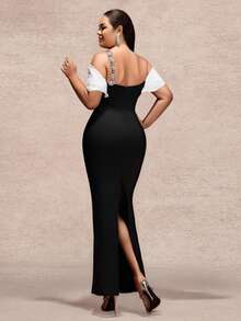 大码女式不对称/不对称拉链金属链正式晚礼服，适合婚礼和正式场合