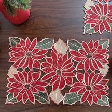 1 Pc Embroidered Poinsettia Christmas Table Cloth, Table Runner, Placemat, Embroidery With Cutworks Patterns, Red Color, Size: 33.46"*33.46", 15.35"*33.46", 15.35"*53.15", 15.35"*69.29", 11.42"*17.32", 100% Polyester, Embroidered Table Cloth, Table Runner, Best Decoration For All Kind Of Tables During Christmas.