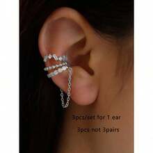 3 Pieces Sparkling Cubic Zirconia Chain Clip Earrings Set, Multi Layered Earrings For Women's Daily Wear, Dates And Parties - 黃金 - 查看 9