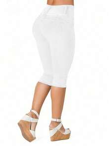 修身七分牛仔裤 - 中腰弹力牛仔布，纽扣门襟经典水洗七分裤 - 白色 - 查看 2