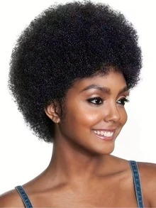 6-Inch Short Fluffy Curly Brazilian Human Hair Wig, Pixie Cut Style, Glueless Short Wig With Bangs, Hand-Tied, Natural Black - SNatural - 查看 2