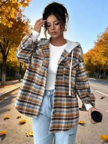 Women's Button-Up Hooded Shirt - Plaid Sweater-Like Top, Non-Stretch Fabric For Spring/Fall Layering, Everyday Casual Formal Outfits - Coffee Brown - View 8