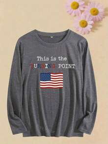 Women's White 'This Is A Turning Point' Protest T-Shirt - Long Sleeve Casual Crew Neck Top With Flag And  Symbol Print, Soft And Comfortable For All Seasons, Political Statement Gift For  Clothing-White And Navy Off-The-Shoulder Cropped Top - 深灰色 - 查看 2