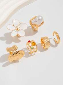 6 Stücke/Set Flüssige Lava Blumen Offener Ring Set, Barock Kunstperle Eingelegt (Für den täglichen Gebrauch von Frauen)