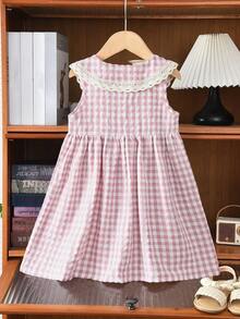 Summer Sweet & Cute Plaid Print Woven Fabric Lace Collar Camisole Dress For Girls - Pink - View 2