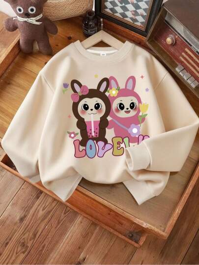 Cute Animal Print, Casual Minimalist Long Sleeve Crew Neck Sweatshirt, Autumn/Winter, Girlish Lovely Shirt, Kawaii Pullover, Tween Girl' Cartoon Print Sweatshirt