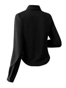 EARO Chic Women's Black Satin Shirt, Collared Long Sleeve Button-Up Curved Hem Fitted Blouse, Suitable For Commute, Date, Work, Casual Occasions - Black - View 4