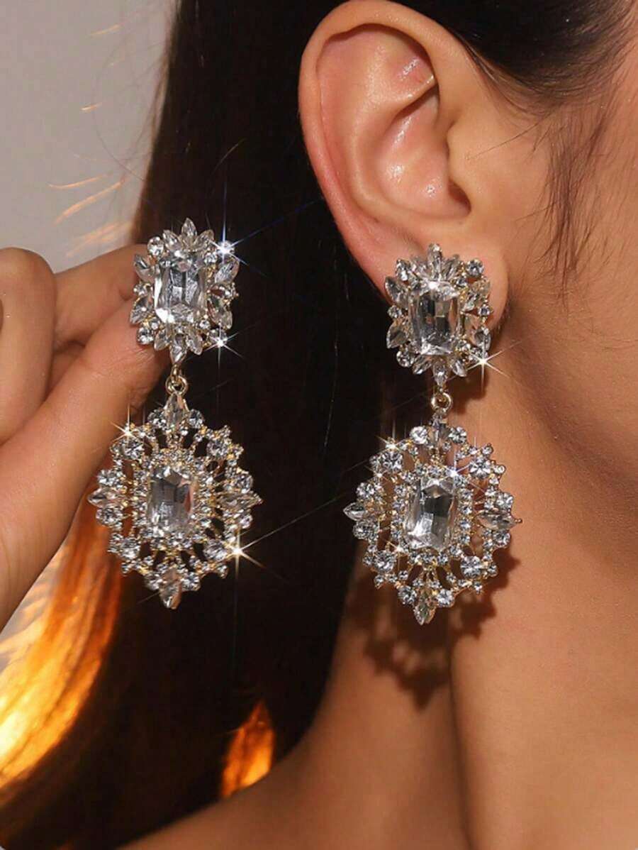 2pcs Women Zinc Alloy Rhinestone Luxurious Wedding Bridal Earrings, Fashion Personalized Wedding Bridesmaid Earrings Valentine's Day Accessories - 銀色 - 查看 1
