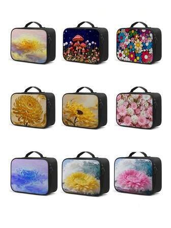 Children's Insulated Lunch Box With Daisy And Mushroom Print, Suitable For Boys And Girls, With Side Pocket And Shoulder Strap – Ideal For School, Camping, Hiking, Picnics, Beach Outings, And Travel