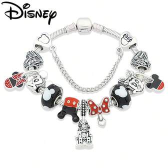 Disney 1 Pc Europe American Black Red Murano Mickey Minnie Charm Bracelet Silver Plated Heart Castle Cartoon Animal DIY Bead Jewelry Gift