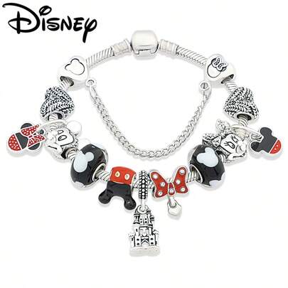 Disney 1 Pc Europe American Black Red Murano Mickey Minnie Charm Bracelet Silver Plated Heart Castle Cartoon Animal DIY Bead Jewelry Gift