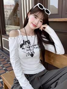 女士休闲露肩字母印花毛衣，甜美可爱长袖上衣，秋冬