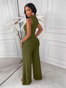 AIJ Amarilo Striped Sleeveless Top And Straight Leg Pants 2 Pieces Suit, Elegant Business Casual, Latest Spring/Summer Women's Chic Set - Green - View 2