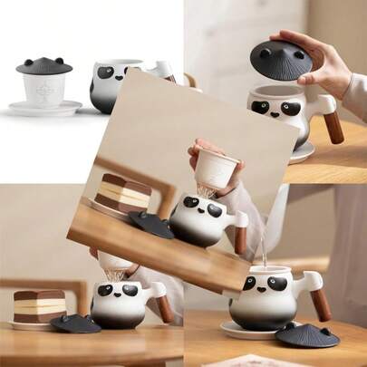 Chinese Panda Porcelain Tea Cup With Infuser Lid And Saucer Tea Mugs Wooden Handle 11oz Ceramics Ffee Mug Teacup Loose Leaf Tea Brewing Syem For Home Office 01-Black
