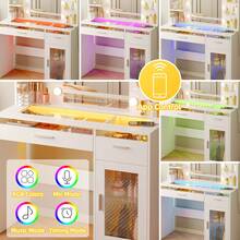 Tomnk 2 Sizes Vanity Desk With Mirror And Lights, Makeup Vanity Desk With Lights 3 Colors, Transparent Top Vanity With 2 RGB Drawers, 6 Shelves, Large Tempered Cabinet, Power Outlet, For Bedroom, White, Christmas Gift (The Light Strip Is Powered By USB) - 查看 10