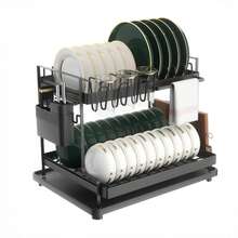 Cestelli per piatti, scolapiatti a 2 ripiani, scolapiatti, griglia di scolo con vassoio, con portacoltelli e porta tagliere, nero