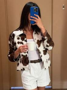 MUMRAP 女式休闲牛纹翻领短款夹克 秋季 Y2K 长袖外套