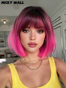 NICKY WALL Peluca corta y recta de 12 pulgadas elegante para mujeres, peluca bob con flequillo en degradado rosa, fibra sintética resistente al calor de alta densidad y esponjosa para uso en Halloween, anime, cosplay, festivales de música y fiestas
