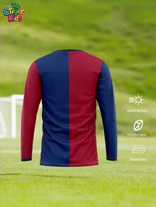 1件定制巴塞罗那儿童长袖运动球衣 - 可个性化定制姓名和号码（正面/背面） - 红蓝拼接设计 - 速干透气面料 - 适合足球、排球、篮球、休闲穿着，也是万圣节、感恩节、圣诞节和新年等节日的理想礼物
