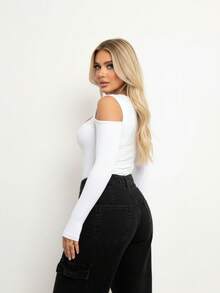Bori Women's Bodysuit Long Sleeve Cutout Bust Hollow Out Sleeve High Neck Chic Timeless Leotard Second Skin - 白色 - 查看 2