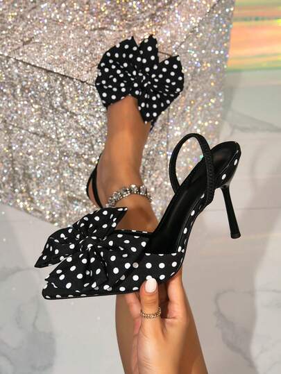 Sapatos mule femininos estilo francês, preto e branco, com bolinhas, bico fechado, decoração com laço, salto agulha, adequados para festas em boates