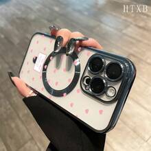 Teléfono con lente integral magnética y baño de oro rosa con lunares en forma de corazón. Compatible con carga inalámbrica magnética y compatible con phone 16 Pro Max, 16, 15 Pro, 14, 14 Plus/14 Pro Max, 13, 13 Pro, 12 Pro, 11/11 Pro y la serie Pro. Es un teléfono ideal para regalar a amigos, en cumpleaños y en fiestas. - Negro - Ver 3