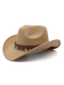 1pc Unisex New Faux Leather Cowboy Hat With Star Beaded Decor, High-Quality Suede Material Wide Brim Hat, Fashion Minimalist European & American Style Western Cowboy Hat, Suitable For Daily Wear, Western Themed Events, Birthday Parties, Music Festivals, Horseback Riding And More Occasions