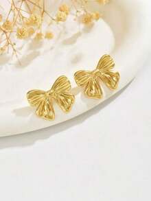 1 Pair Minimalist Sweet Fairy Style Bowknot Earrings – Delicate Stainless Steel Studs For Women, Perfect For Daily Wear, Music Festivals, Holidays, And Gift Giving - Vàng vàng - Xem 4