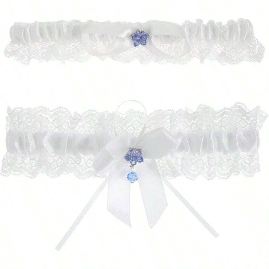 2Pcs Lace Wedding Garter Set Bride, White Bridal Garter With Stretchy Elastic Band, Keepsake And Toss Garters - White - View 1