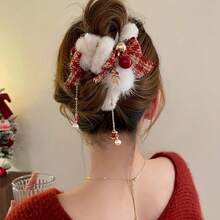 Elegant Christmas Plush Bow Tassel Hairpin For Ladies - Red And Green Rectangular Non- Hair Claw With Faux Fur, Pine Leaves And Gold Accents, Suitable For Updos, Parties, Holidays And Mother's Day Gifts