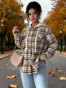 Women's Button-Up Hooded Shirt - Plaid Sweater-Like Top, Non-Stretch Fabric For Spring/Fall Layering, Everyday Casual Formal Outfits - Coffee Brown - View 5