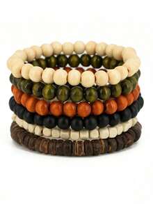 Natural Wood Beaded Bracelets (6PCS/Set) - Men's Handmade Minimalist Jewelry, Suitable For Daily Wear, Family Gifts & Boyfriend Birthday Presents - Multicolor - View 3