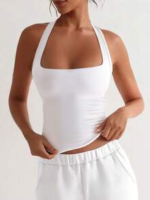 XLLAIS Sexy Backless Halter Tops Fashion Square Neck Elastic Casual Slim Fit Summer Women's Camisole - White - View 3