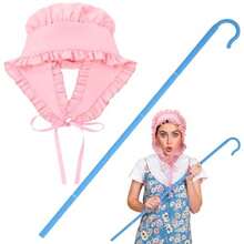 2 Pcs Halloween Shepherdess Costume Pink Medieval Bonnet And Blue Staff For Women Halloween Christmas Cosplay Party