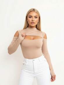 Bori Women's Bodysuit Long Sleeve Cutout Bust Hollow Out Sleeve High Neck Chic Timeless Leotard Second Skin - 米色 - 查看 1