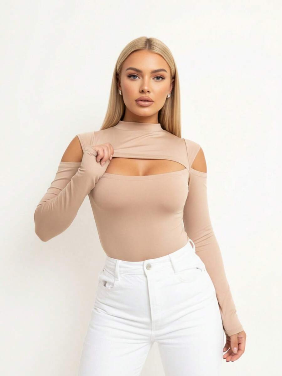 Bori Women's Bodysuit Long Sleeve Cutout Bust Hollow Out Sleeve High Neck Chic Timeless Leotard Second Skin - 米色 - 查看 1