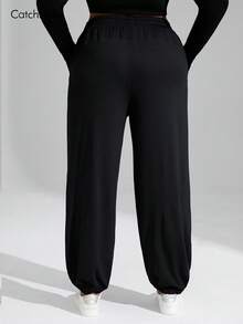 Plus Size Women's Loose Fit Sweatpants, Casual Sports Style, Elastic Waistband With Drawstring, Side Pockets, Tapered Leg, Flattering Silhouette, Suitable For Curvy Figures - Black - View 12