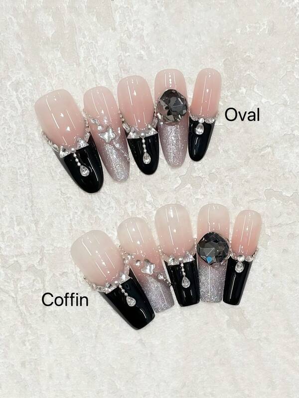 10pcs Elongated/Extra Long Gradient Black & Silver French Manicure Nail Tips With Zirconia Stones And Square Zirconia Accents, Suitable For Parties, Galas, Dresses, Gifts, Concerts, Reusable Handcrafted Nail Covers With Mini Cuticle Pusher
