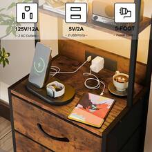 Tomnk Tall Nightstand With Charging Station, 41 Inch Led Night Stand With U-S-B Port & Socket, 3 PU Finished Fabric Storage Drawers, Office, Bed Side Table & Bookshelf In One, White/Rustic Brown - Xem 6