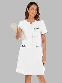 cimmuovere 女式圆领短袖前开口袋手术服护士服工作服牙医保健宠物医院实验室连衣裙