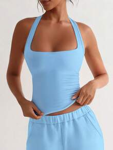 XLLAIS 性感露背蓝色吊带背心，时尚方领弹力休闲修身细肩带无袖上衣，适合女性，春夏假日穿着 - 淺藍色 - 查看 4