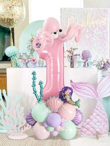 43 件美人鱼海洋气球套装，包含迷你美人鱼、贝壳、粉色数字铝箔气球、马卡龙粉色紫色绿色透明气球和眼睛气球，适用于海洋主题、美人鱼主题、海洋生日派对、生日派对装饰、美人鱼派对用品、活动道具 - 彩色 - 查看 7