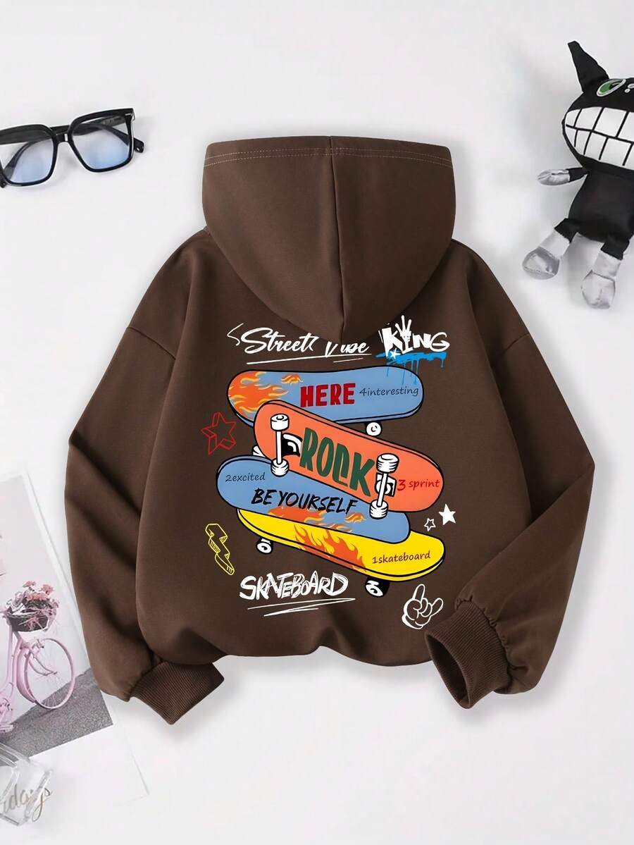 青少年男童休闲简约滑板图案运动风卫衣，长袖连帽卫衣，秋冬季学生男童服装 - 棕色 - 查看 1