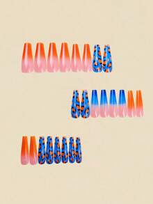24Pcs Medium-Long Blue & Orange Leopard Print Nail Art Stickers, Removable Fashion Nail Wraps For Summer, Shiny Minimalist Elegant Fake Nail Strips Press On Nails Nail Supplies Nails - Orange - View 5