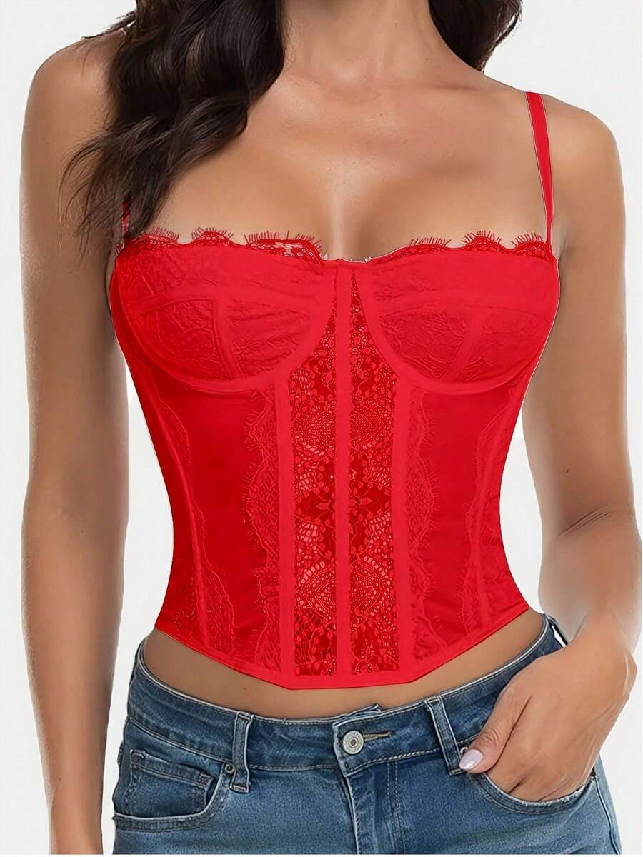 1pc Lace Bralette Cute Bustier Top, Sexy Women's Clubwear Party Crop Top With Clasp - Red - View 1