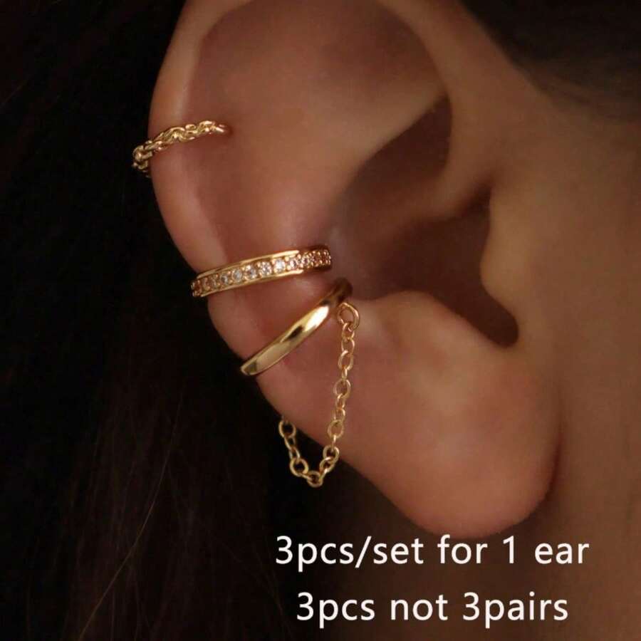 3 Pieces Sparkling Cubic Zirconia Chain Clip Earrings Set, Multi Layered Earrings For Women's Daily Wear, Dates And Parties - 黃金 - 查看 1