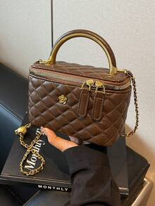 Classic Solid Color Square Box Bag, Quilted Square Bag, Handbag, Zipper Shoulder Bag, Shoulder Bag With Metal Accessories, And Unique Strap Decor Design, Suitable For Travel, Shopping, Parties, And Dates - Coffee - View 1