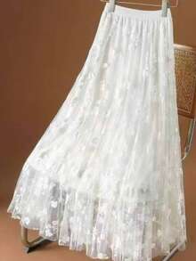 Elegant Floral Women's Long Tulle Skirt - Màu be - Xem 2