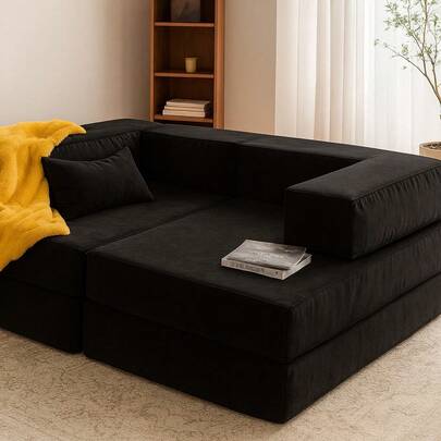  Sofá Cama Modular Convertible 1 MODULO – Sillón Beige Reconfigurable en Diferentes Posiciones, Cama Grande o Sofá Compacto – Fundas Lavables ENTRENUDOS -NEGRO