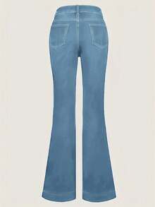 欧美风新款中腰修身多扣喇叭牛仔裤，休闲春季款 - 淺色水洗藍 - 查看 5